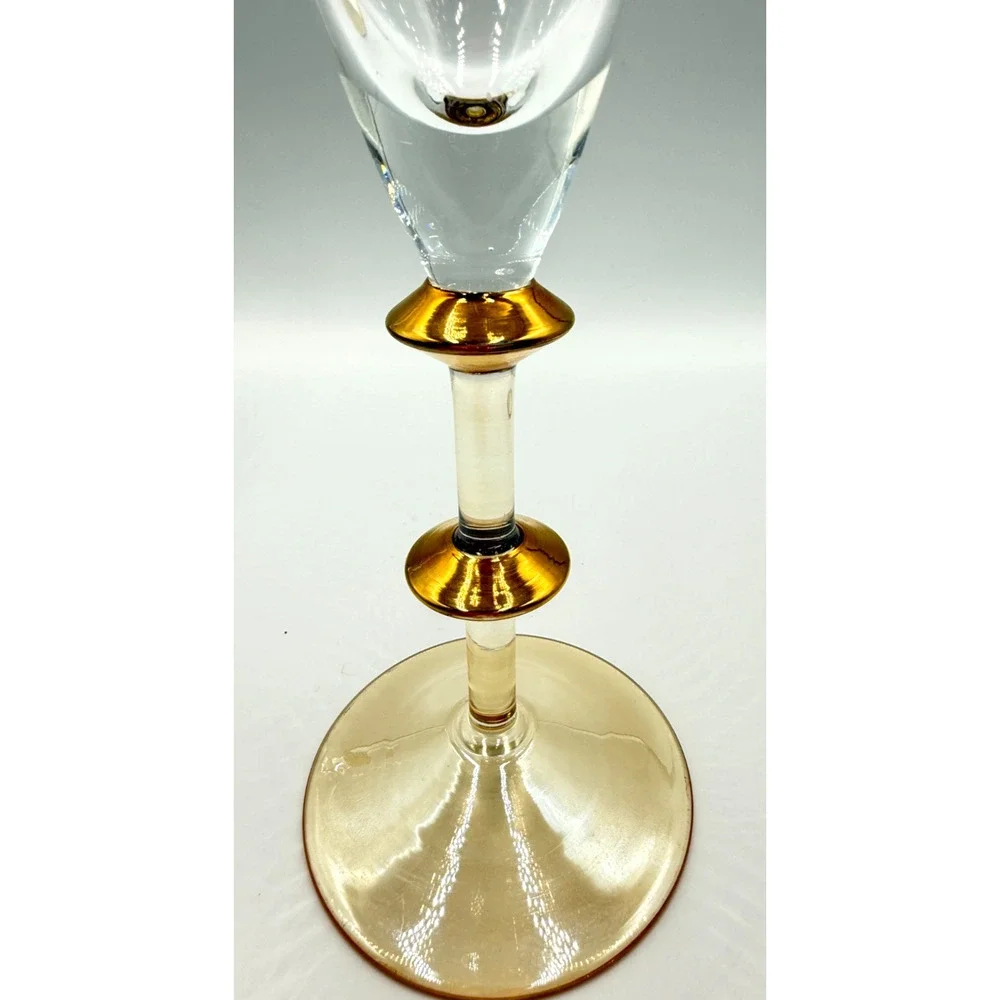 Pier 1 Champagne Flutes P1c71 Gold Disc Stem Iridescent Amber Base V Shaped Bowl
